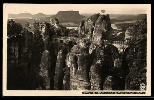 Foto-AK Walter Hahn, Dresden, Nr. 3205: Basteibrücke mit Lilienstein in der Sächsischen Schweiz