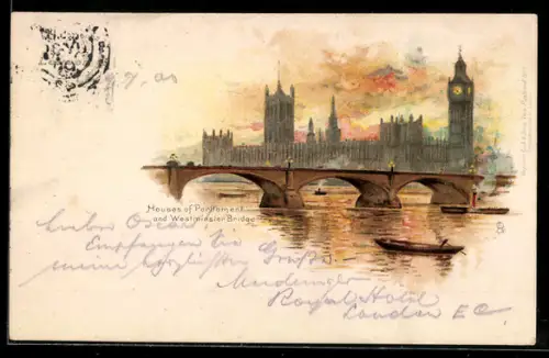 Lithographie London, House of Parliament and Westminster Bridge