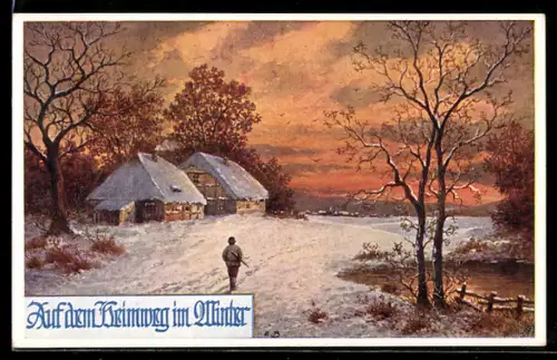 AK Deutscher Schulverein Nr. 752: Verschneites Gehöft im Abendlicht, Weihnachtsgruss