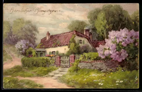 Künstler-AK Meissner & Buch (M&B) Nr. 2592: Innigen Pfingstgruss!, Bauernhaus