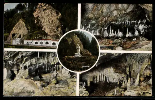 AK Hermannshöhle, Eingang, Höhlenbär, Blaue Grotte und Wald