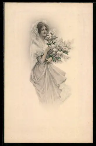 Künstler-AK M. Munk Nr.276: Junge Frau im Kleid mit Fliederstrauss