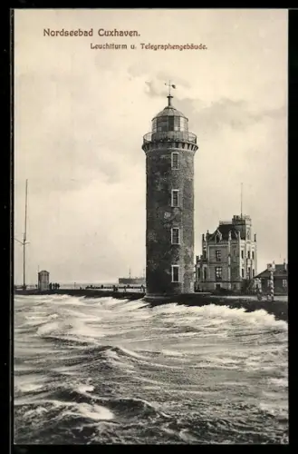 AK Cuxhaven, Leuchtturm und Telegrafengebäude bei Sturmflut