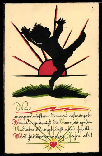 AK tanzendes Kind im Sonnenaufgang, Silhouette