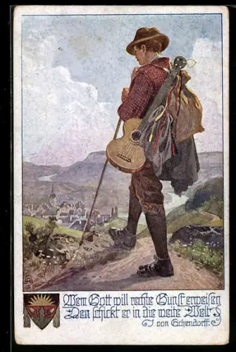 AK Deutscher Schulverein NR: 878, Wandergeselle mit Gitarre