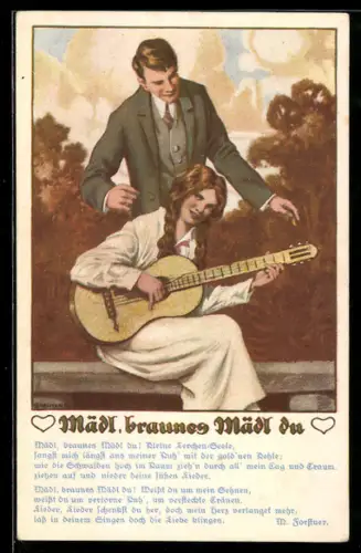 Künstler-AK Deutscher Schulverein Nr. 1468 von Ernst Kutzer: Mädl, braunes Mädl du, Dame beim Gitarre spielen