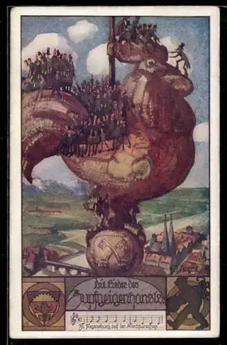AK Deutscher Schulverein NR 926: Die Lieder des Zupfgeigenhansis, Menschen auf riesigem Hahn