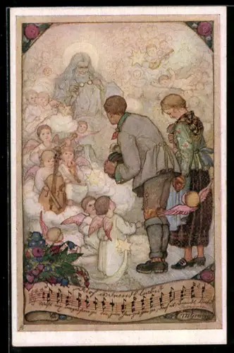 AK Deutscher Schulverein NR 1253: ein Paar verbeugt sich vor Gott und Engeln