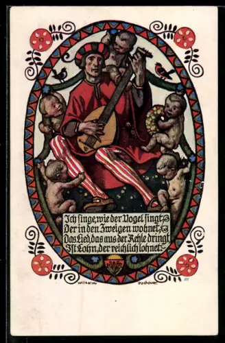 AK Deutscher Schulverein Nr. 547: Ich singe, wie der Vogel singt!, Musikant mit Kindern