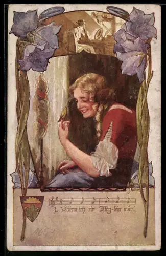 AK Deutscher Schulverein NR 1053: Vogel sitzt auf dem Finger einer Frau, Mann betrachtet das Bild seiner Geliebten