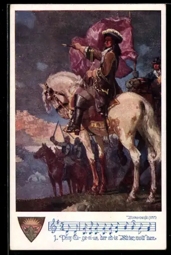 AK Deutscher Schulverein NR. 920: Lied Prinz Eugenius der edle Ritter, Edelmann führt seine Armee an