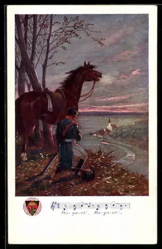 AK Deutscher Schulverein NR. 151: Soldat der Kavallerie im Morgengebet