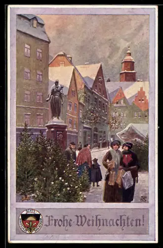 AK Deutscher Schulverein Nr. 609: Frohe Weihnachten, Passanten kaufen Geschenke