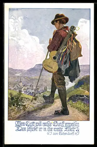 AK Deutscher Schulverein NR: 878, Wandergeselle mit Gitarre