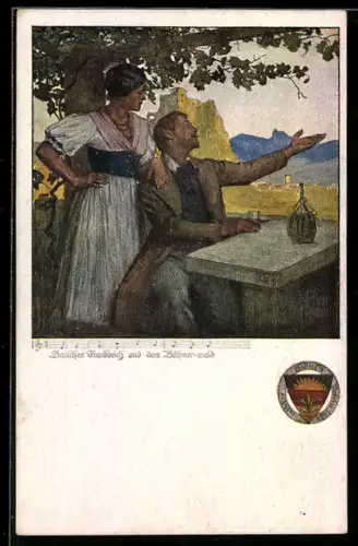 Künstler-AK Karl Friedrich Gsur: Deutscher Schulverein NR. 461: Gast erzählt der Wirtin von seinen Erlebnissen