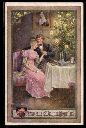 Künstler-AK Kränzle: Deutscher Schulverein Nr. 1109, Liebespaar sitzt unterm Weihnachtsbaum