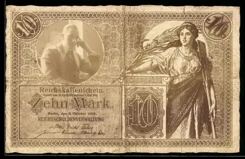 AK Zehn Reichsmark-Schein mit dem Portrait eines Mannes im Anzug