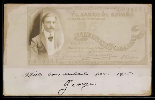 AK Portrait eines eleganten Herren mit fünfundzwanzig spanische Pesetas-Schein als Passepartout
