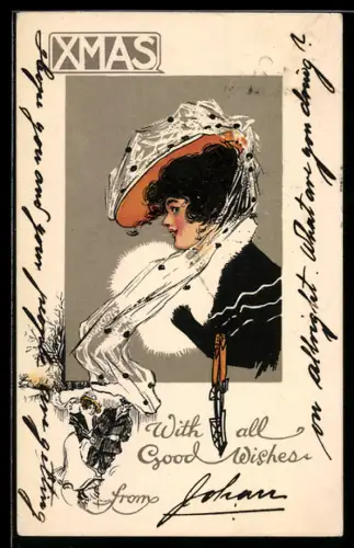 AK Elegante Dame mit Hut und Muff im Profil, Jugendstil