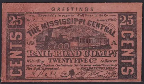 Leder-AK Fünfundzwanig Cent der Mississippi Central Rail Road Company mit Eisenbahn