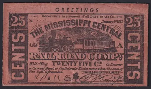 Leder-AK Fünfundzwanzig Cent der Mississippi Central Rail Road Company mit Eisenbahn