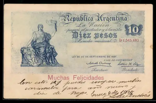 AK Argentinischer Geldschein 10 Pesos, Muchas Felicidades