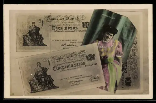 AK Argentinische Geldscheine 10 Pesos, 50 Pesos, Elegante junge Frau