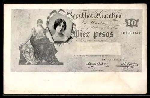 AK Argentinischer Geldschein 10 Pesos, Porträt einer Dame