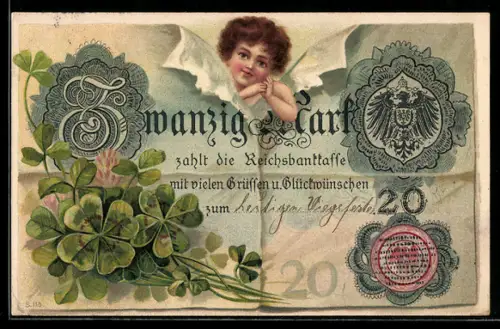 AK Reichsbanknote über 20 Mark, Kleeblätter und kleines Kind