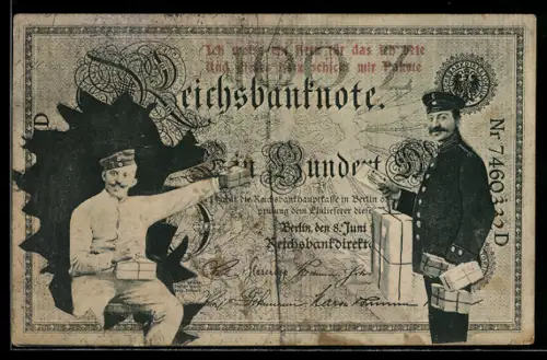 AK Reichsbanknote 100 Mark, Postbote bringt Feldpostpäckchen, Soldat mit Paket