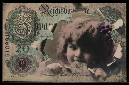 AK Portrait eines lächelnden Kindes mit Beeren in den Haaren im Geldscheinpassepartout