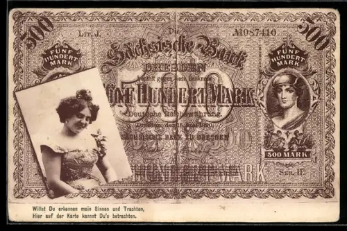 AK Banknote 500 Mark, Sächsische Bank, Porträt einer jungen Dame