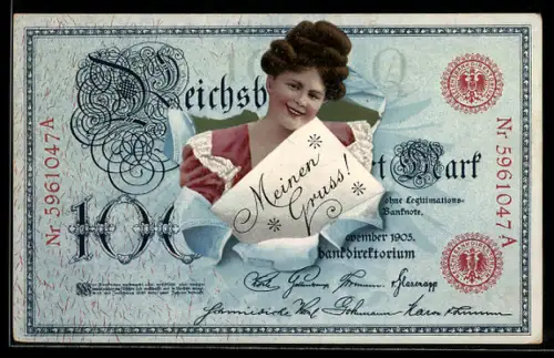 AK Reichsbanknote, Geld, Dame mit Grusskarte