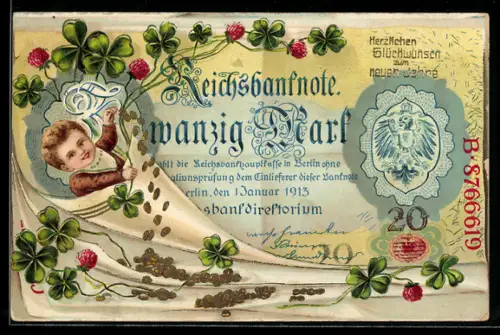 AK Reichsbanknote 20 Mark, Kleinkind mit Klee