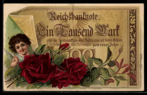 AK Englein unter Geldschein über eintausend Mark mit Rosen