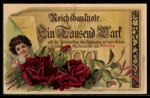 AK Englein unter Geldschein über eintausend Mark mit Rosen