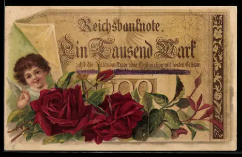 AK Englein unter Geldschein über eintausend Mark mit Rosen