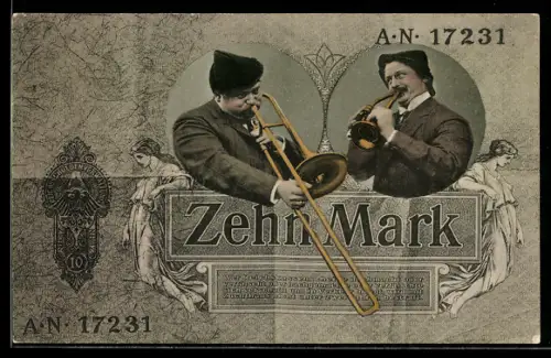 AK Zehn Mark, Trompeter und Posaunist, Geburtstagsgruss