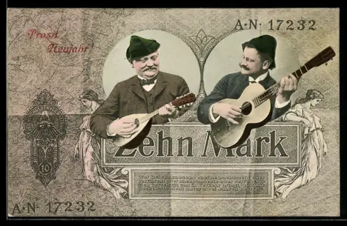 AK Geldschein Zehn Mark, Zwei Männer mit Laute und Gitarre