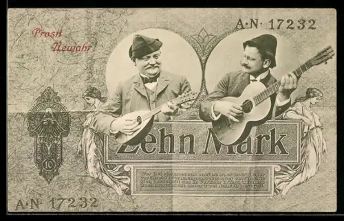 AK Neujahr, Zwei Musiker auf einem 10 Mark Reichskassenschein