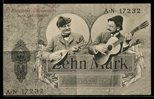 AK Zwei Männer spielen Gitarre und Laute auf einem 10 Mark Schein