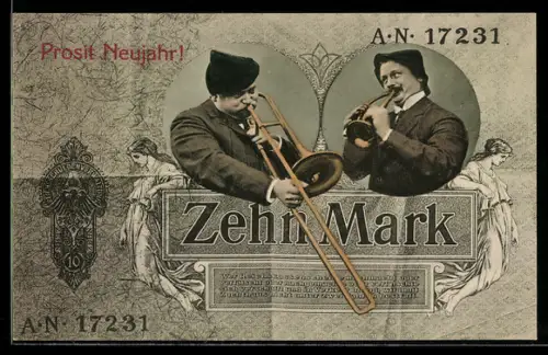 AK Geldschein 10 Mark mit zwei musizierenden Männern, Neujahr