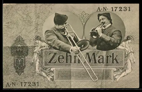 AK Geldschein über Zehn Mark mit zwei Musikanten