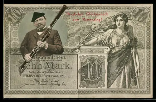 AK 10 Mark Schein, Musiker mit Fagott, Namenstag