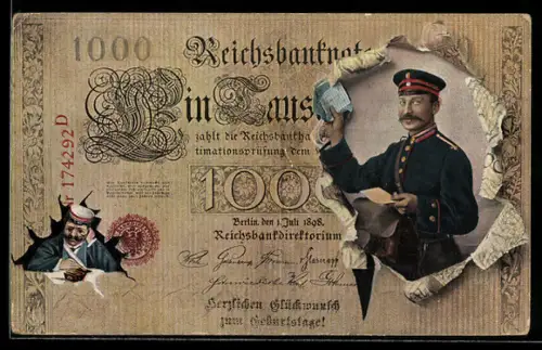 AK Reichsbanknote 1000 Mark, Postbote bringt Briefe