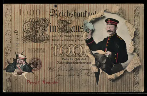 AK Reichsbanknote 1000 Mark, Postbote mit Briefen, Student