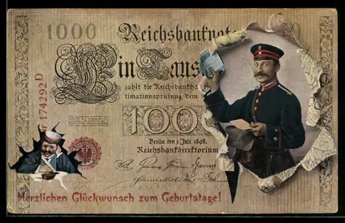 AK Reichsbanknote Geldschein 1000 Mark mit Postbote und Student