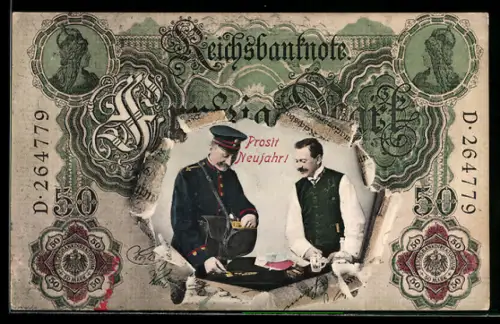 AK Reichsbanknote 50 Mark, Postbote bringt einem Mann Geld