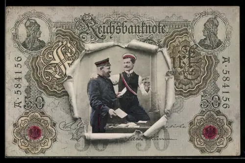 AK Reichsbanknote über 50 Mark, Postbote bringt Student einen Brief