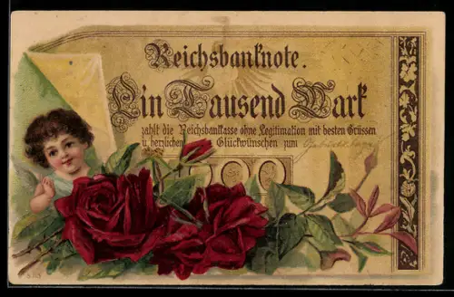 AK Reichsbanknote Englein unter Geldschein über 1000 Mark mit Rosen